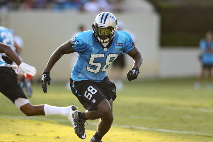 July 31,2015 Carolina Panthers outside linebacker Thomas Davis charges around end during the Carolina Panthers Training Camp held at Wofford College in Spartanburg SC